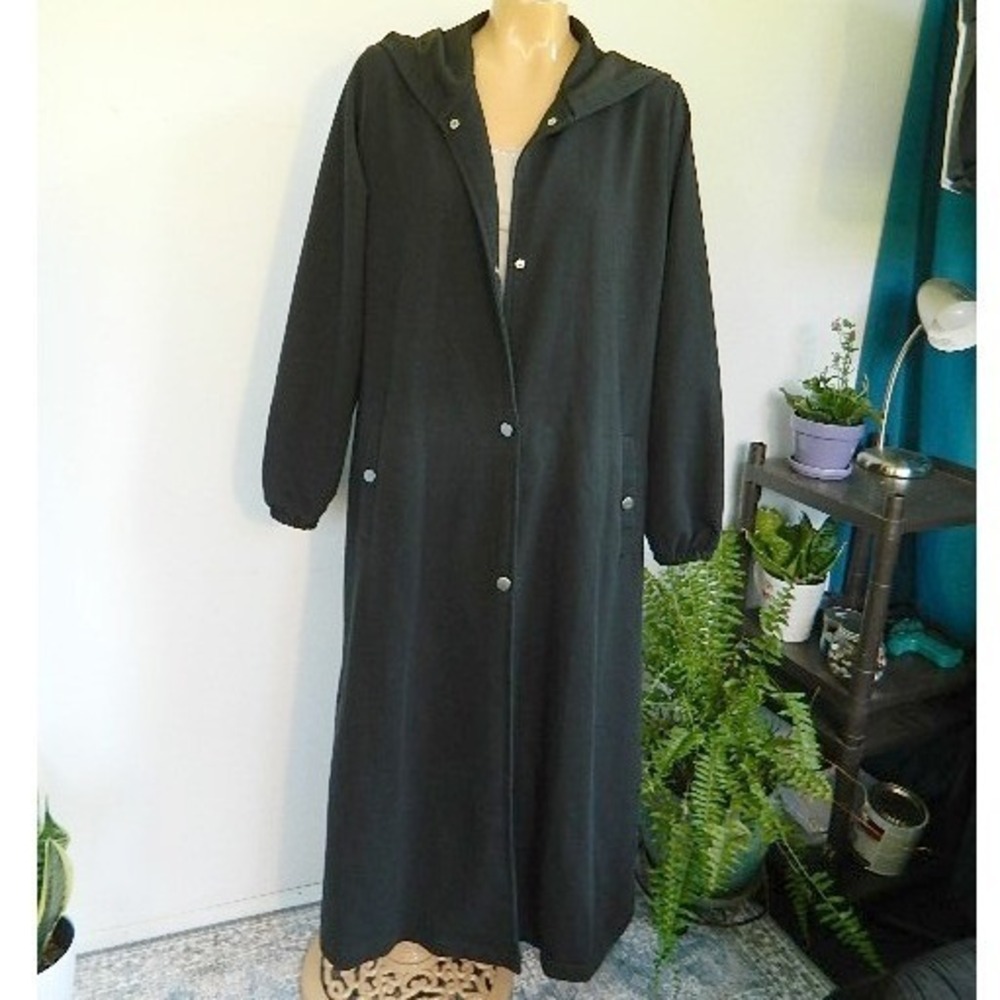 Qarin Hooded Duster Coat Women 1 Black Snap Front Long Jersey Jacket Turkey